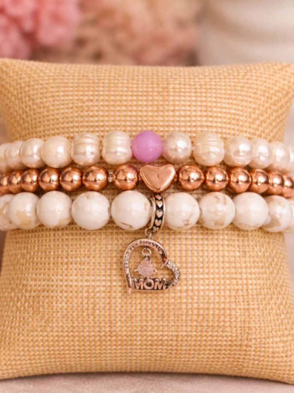 White Turquoise Pearl Gold Hematite Bracelet Set 3pc Silver Heart Mom Charm Gift